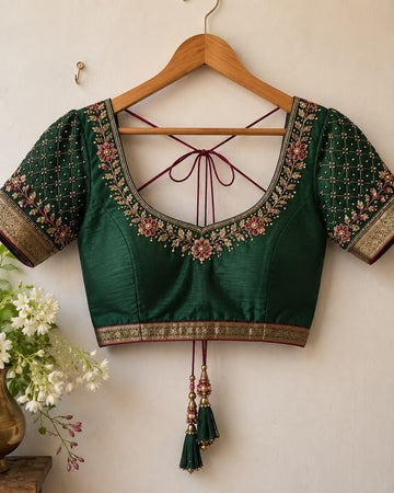 Emerald Green Hand-Embroidered Maggam Work Blouse