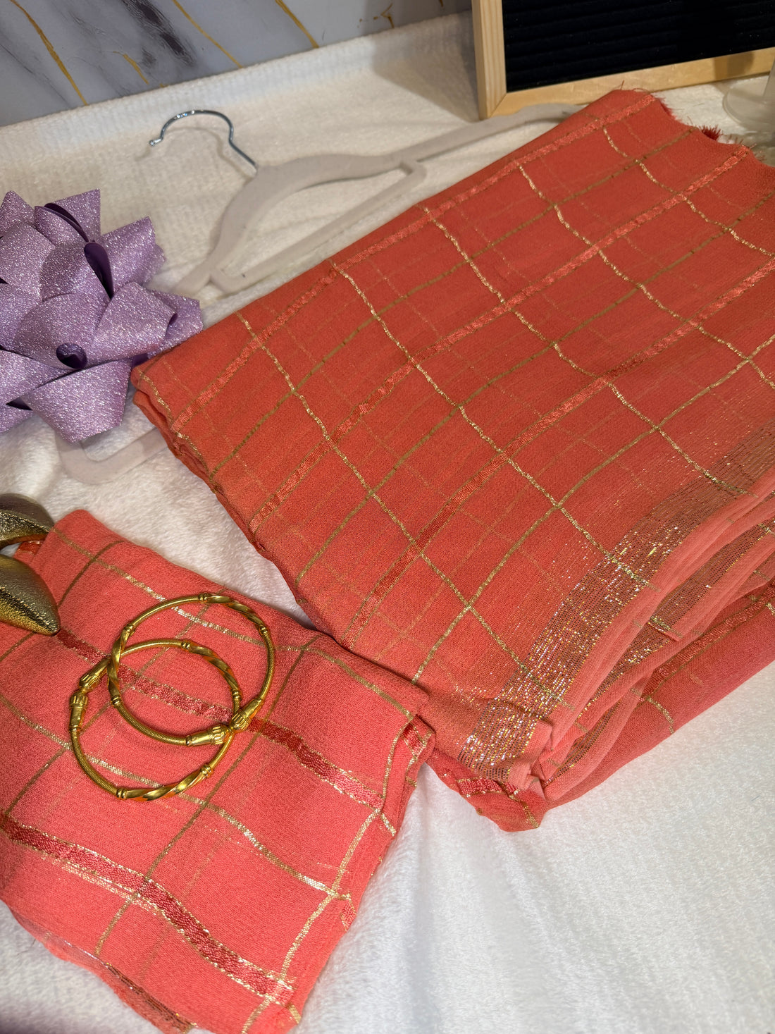 Golden grid viscose saree