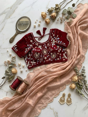 Maroon Velvet Zari Embroidered Sweetheart Blouse